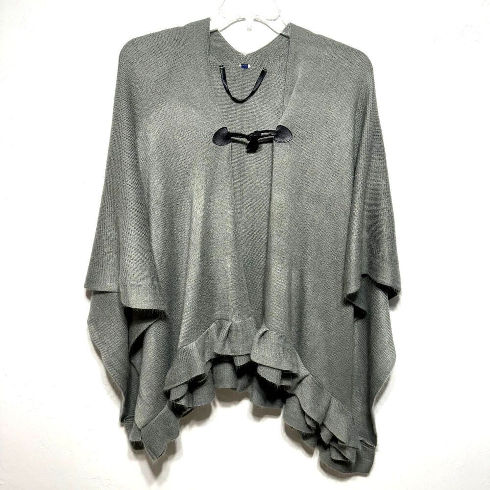 Apt. 9 Wrap Sweater Shawl Gray Knit Open Sides Poncho Ruffle Hem Womens One Size